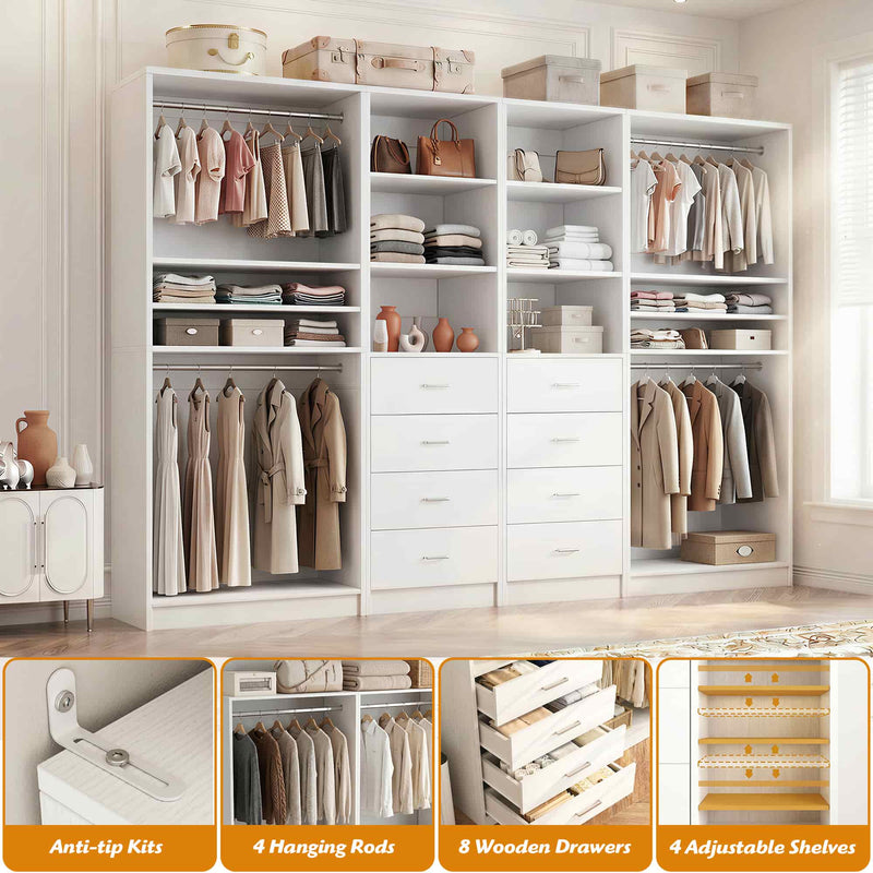 114.6'' Wide 4-Piece Walk-in Closet Organizer with 8 Drawers and 4 Hanging Rods