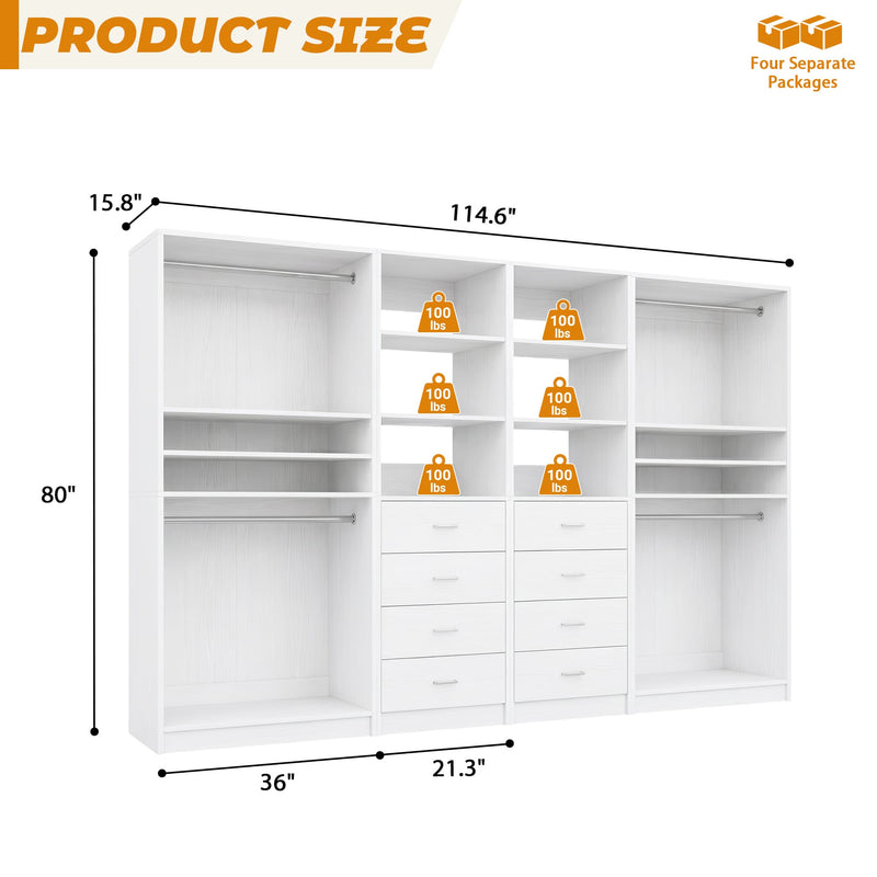 114.6'' Wide 4-Piece Walk-in Closet Organizer with 8 Drawers and 4 Hanging Rods
