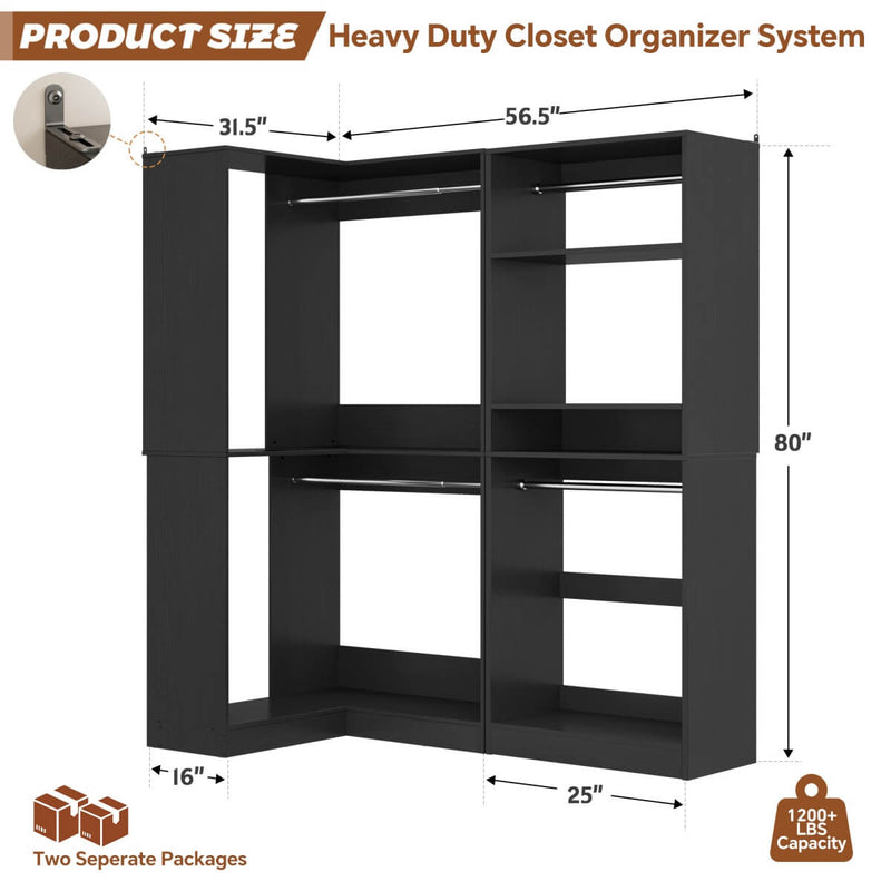 L Shape Corner Closet System 2-Piece Set, 1200 lbs Capacity, 56.5 x 31.5 inches