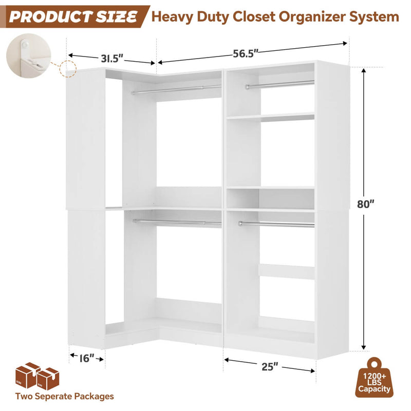 L Shape Corner Closet System 2-Piece Set, 1200 lbs Capacity, 56.5 x 31.5 inches