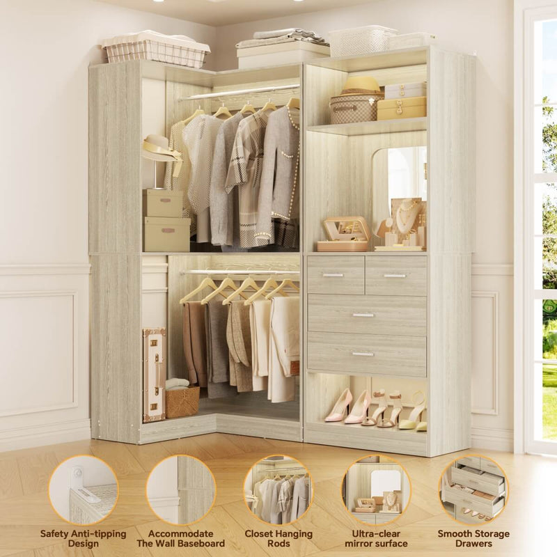 56.5 Inch Corner Closet Organizer System with 4 Drawers