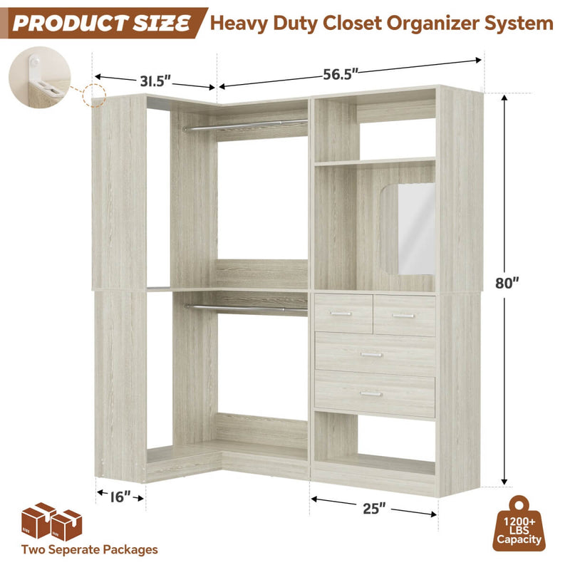 56.5 Inch Corner Closet Organizer System with 4 Drawers