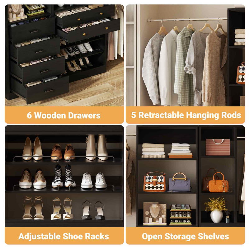 49-127 inch Adjustable Closet Organizer System with 6 Drawers & 5 Haning Rods