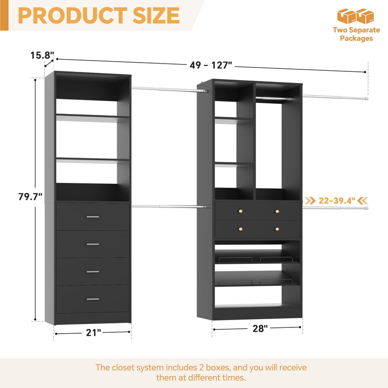 49-127 inch Adjustable Closet Organizer System with 6 Drawers & 5 Haning Rods