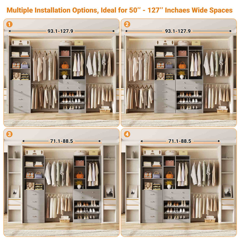 49-127 inch Adjustable Closet Organizer System with 6 Drawers & 5 Haning Rods