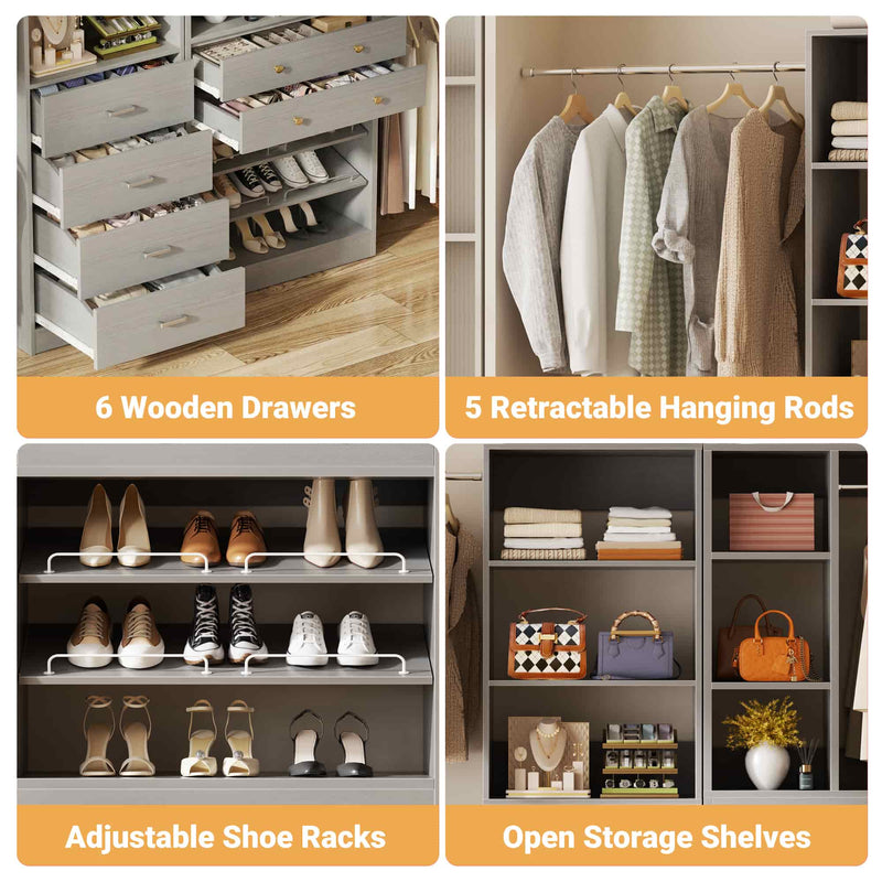 49-127 inch Adjustable Closet Organizer System with 6 Drawers & 5 Haning Rods