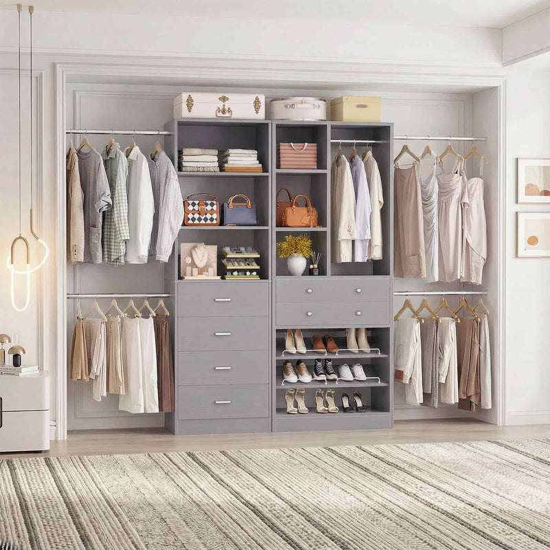 49-127 inch Adjustable Closet Organizer System with 6 Drawers & 5 Haning Rods
