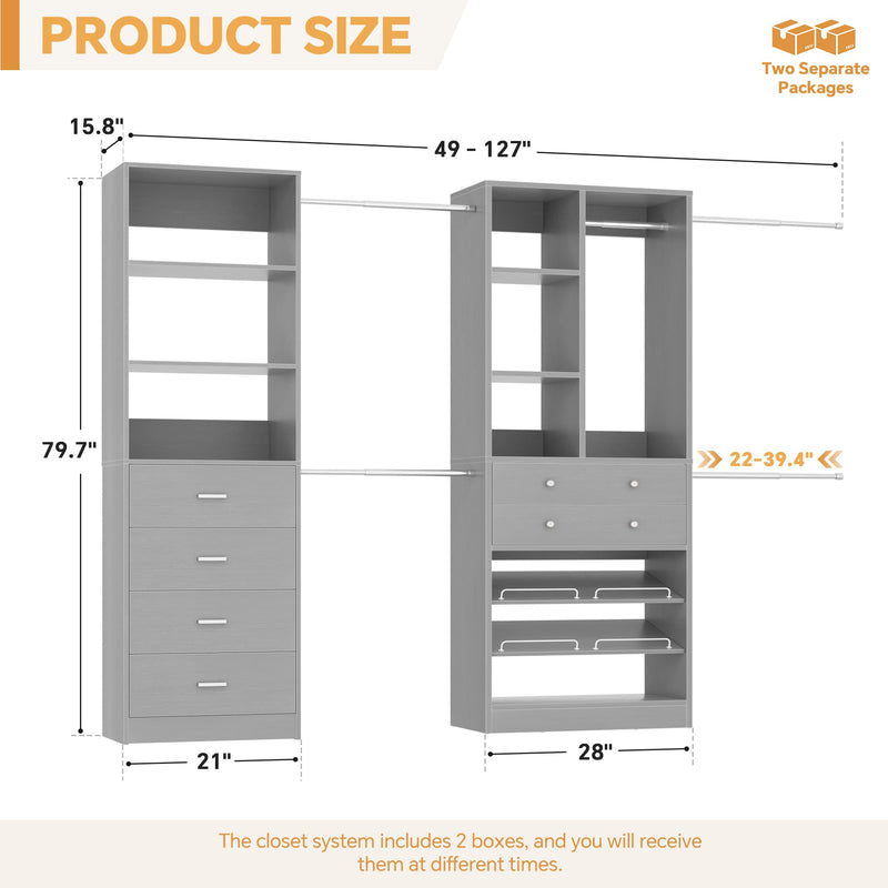 49-127 inch Adjustable Closet Organizer System with 6 Drawers & 5 Haning Rods