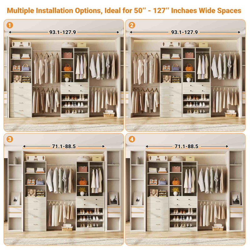 49-127 inch Adjustable Closet Organizer System with 6 Drawers & 5 Haning Rods