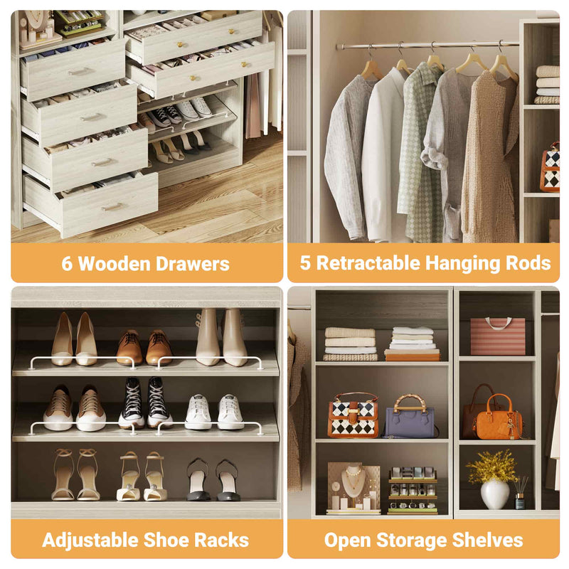 49-127 inch Adjustable Closet Organizer System with 6 Drawers & 5 Haning Rods