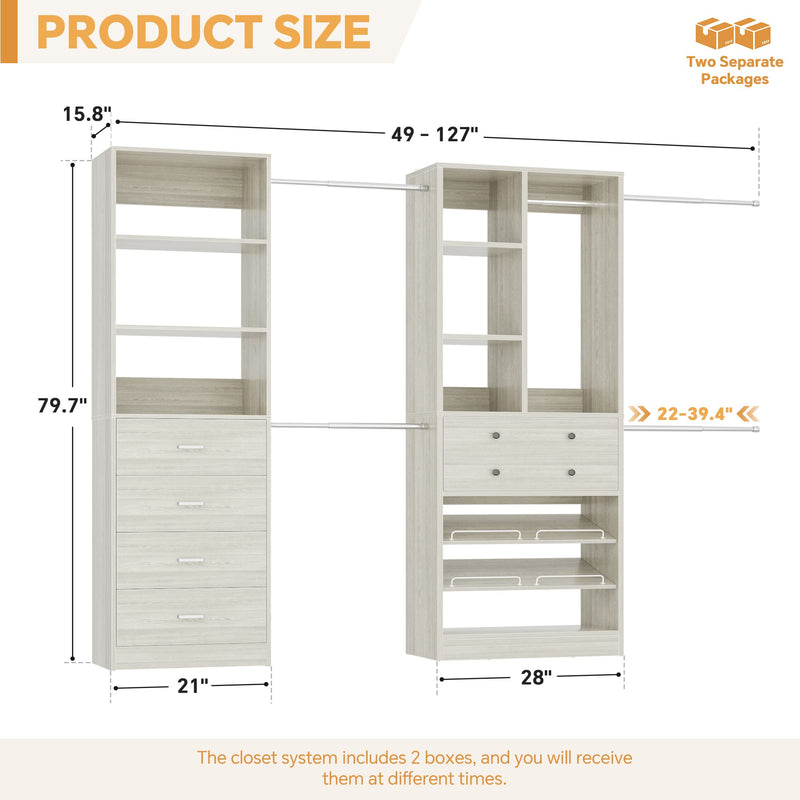 49-127 inch Adjustable Closet Organizer System with 6 Drawers & 5 Haning Rods