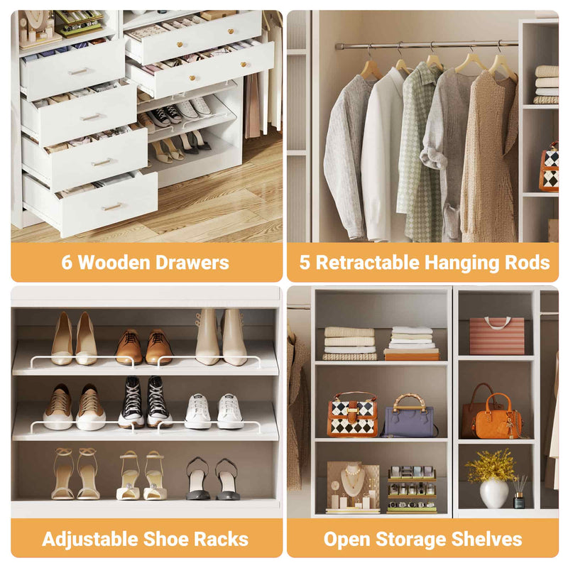 49-127 inch Adjustable Closet Organizer System with 6 Drawers & 5 Haning Rods