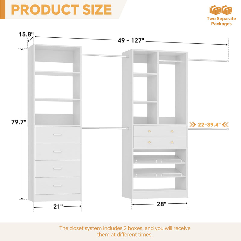 49-127 inch Adjustable Closet Organizer System with 6 Drawers & 5 Haning Rods