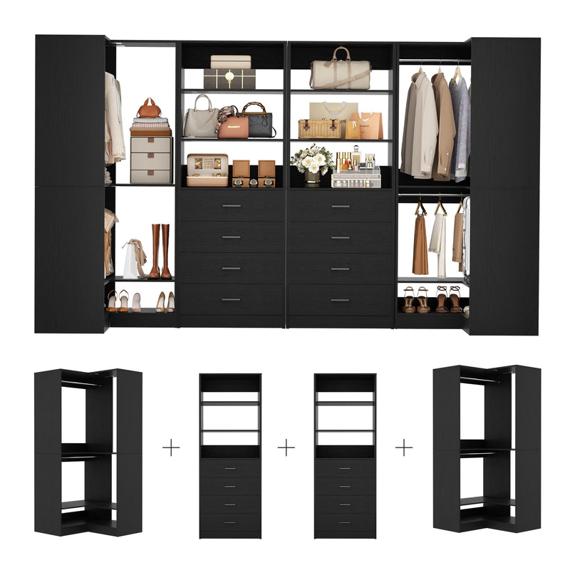 104'' Wide U-Shaped Closet Organizer System with 8 Drawers and 4 Hanging Rods