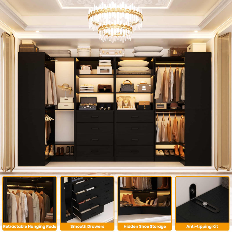104'' Wide U-Shaped Closet Organizer System with 8 Drawers and 4 Hanging Rods