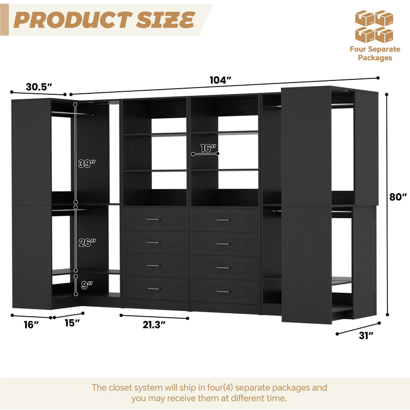 104'' Wide U-Shaped Closet Organizer System with 8 Drawers and 4 Hanging Rods
