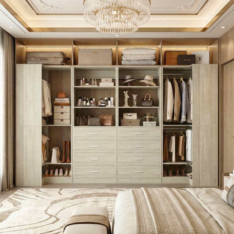 104'' Wide U-Shaped Closet Organizer System with 8 Drawers and 4 Hanging Rods