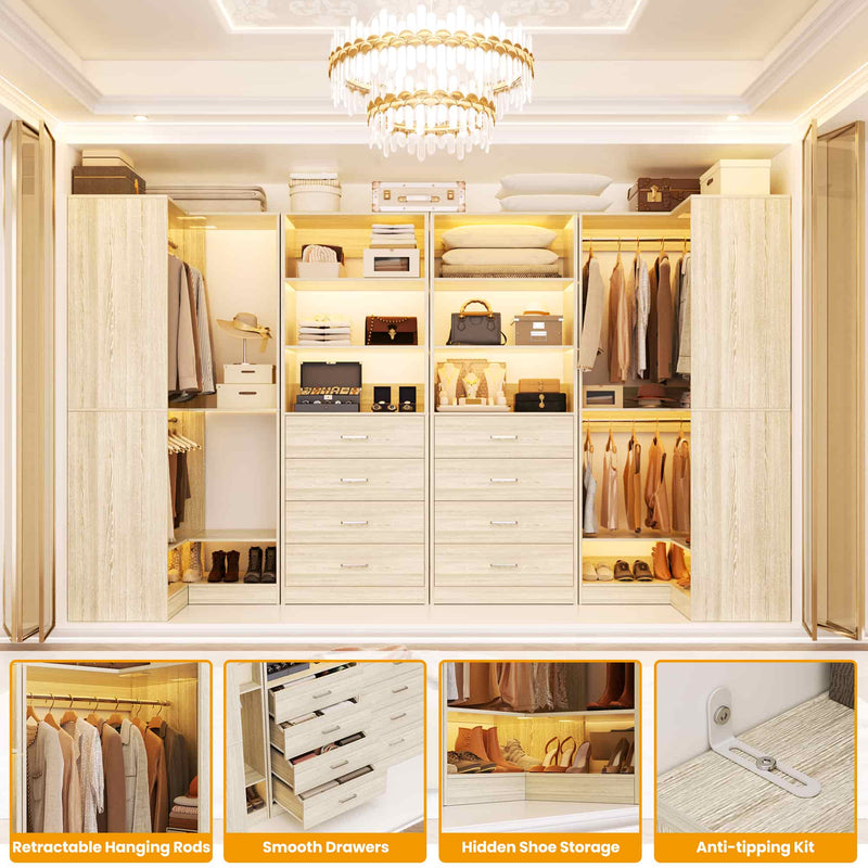 104'' Wide U-Shaped Closet Organizer System with 8 Drawers and 4 Hanging Rods