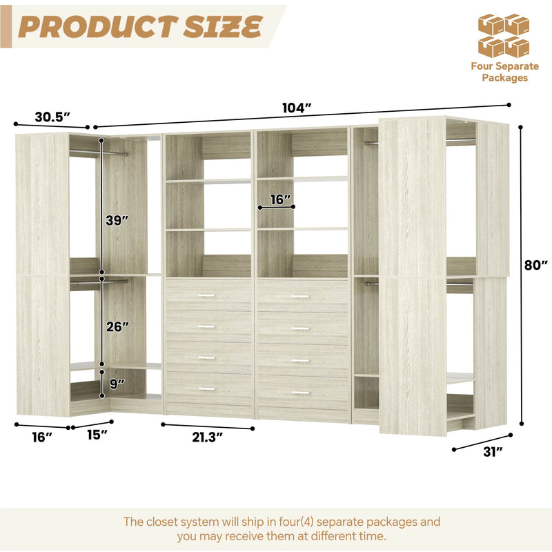 104'' Wide U-Shaped Closet Organizer System with 8 Drawers and 4 Hanging Rods