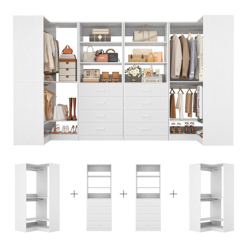 104'' Wide U-Shaped Closet Organizer System with 8 Drawers and 4 Hanging Rods
