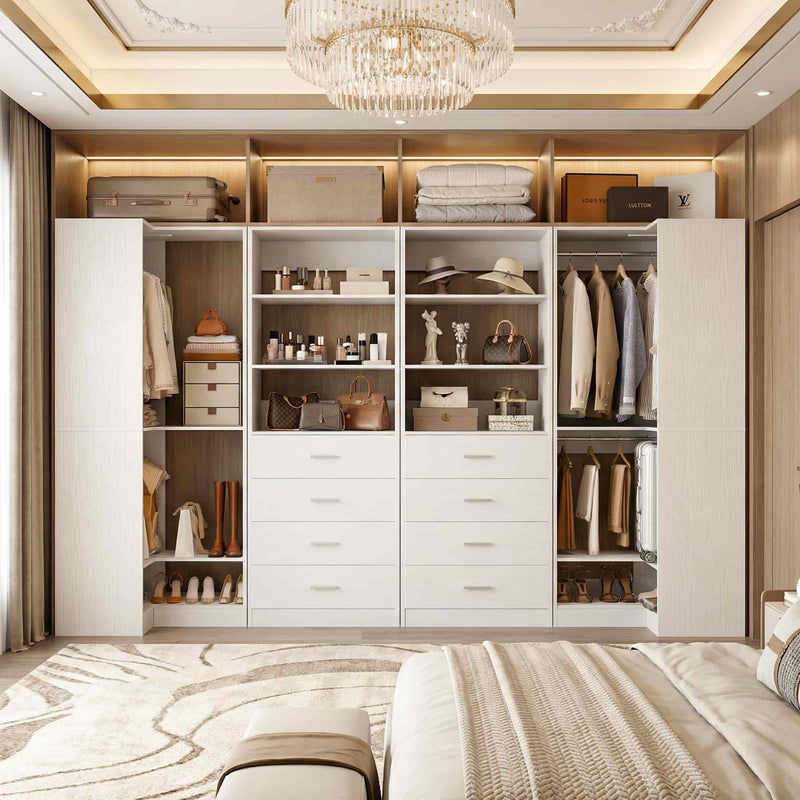 104'' Wide U-Shaped Closet Organizer System with 8 Drawers and 4 Hanging Rods
