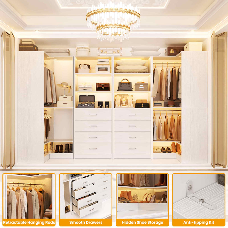 104'' Wide U-Shaped Closet Organizer System with 8 Drawers and 4 Hanging Rods