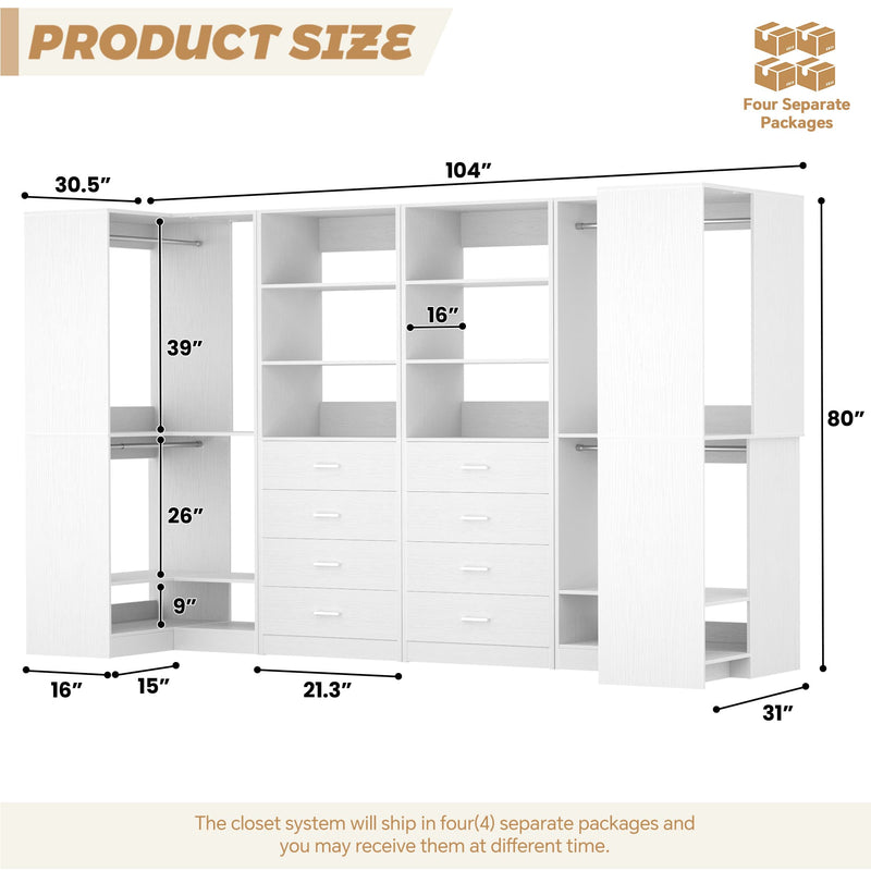 104'' Wide U-Shaped Closet Organizer System with 8 Drawers and 4 Hanging Rods