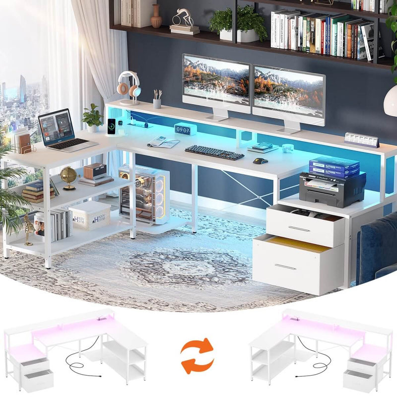 72.8'' Reversible L Shaped Desk with Outlets & LED Light, with File Drawers and Monitor Stand