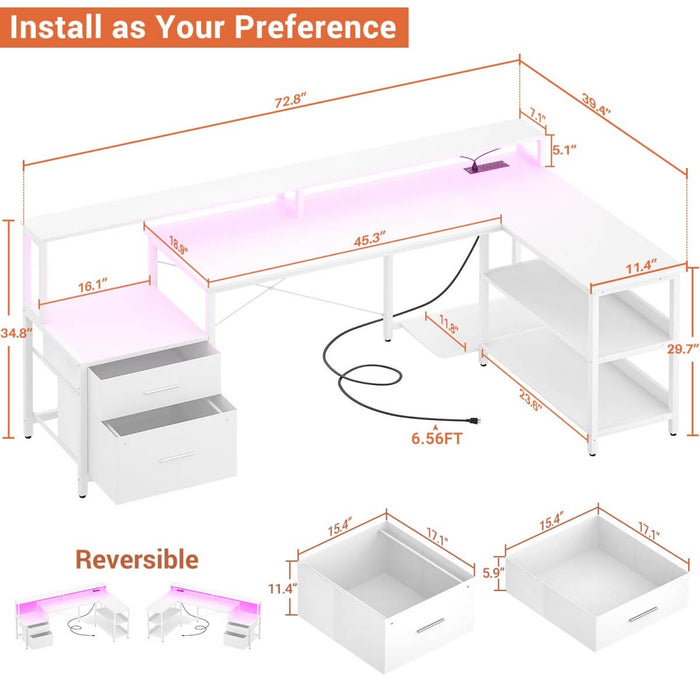 72.8'' Reversible L Shaped Desk with Outlets & LED Light, with File Drawers and Monitor Stand