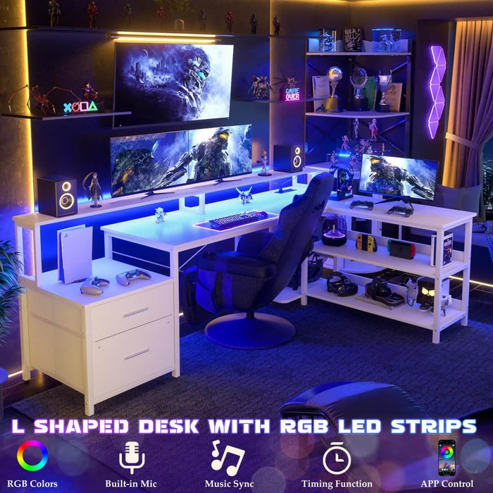 72.8'' Reversible L Shaped Desk with Outlets & LED Light, with File Drawers and Monitor Stand