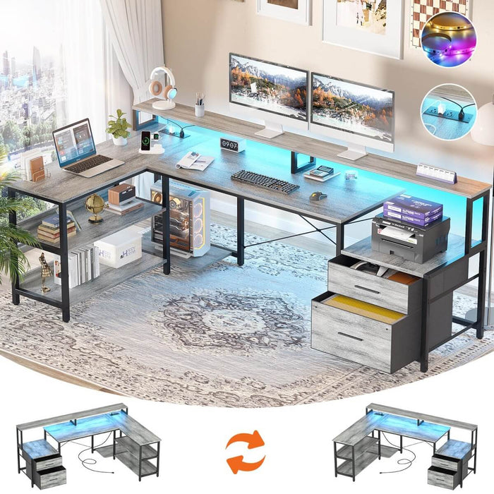 72.8'' Reversible L Shaped Desk with Outlets & LED Light, with File Drawers and Monitor Stand