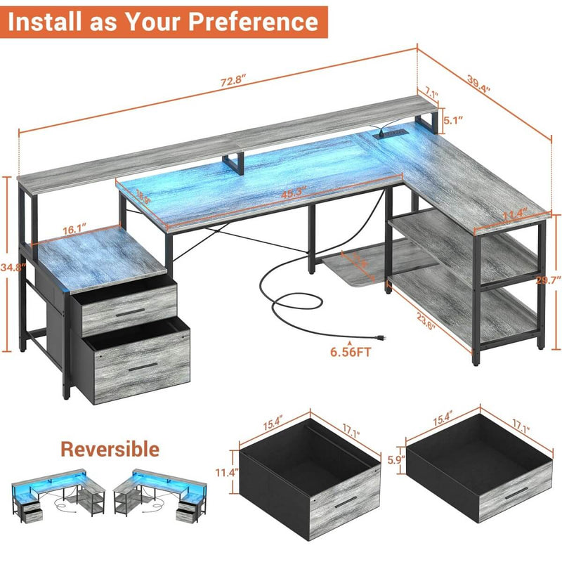72.8'' Reversible L Shaped Desk with Outlets & LED Light, with File Drawers and Monitor Stand