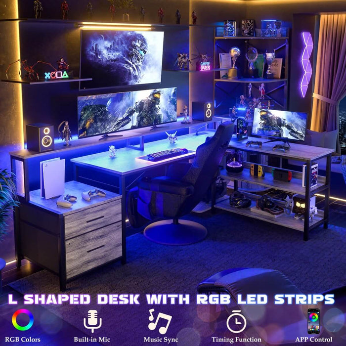 72.8'' Reversible L Shaped Desk with Outlets & LED Light, with File Drawers and Monitor Stand