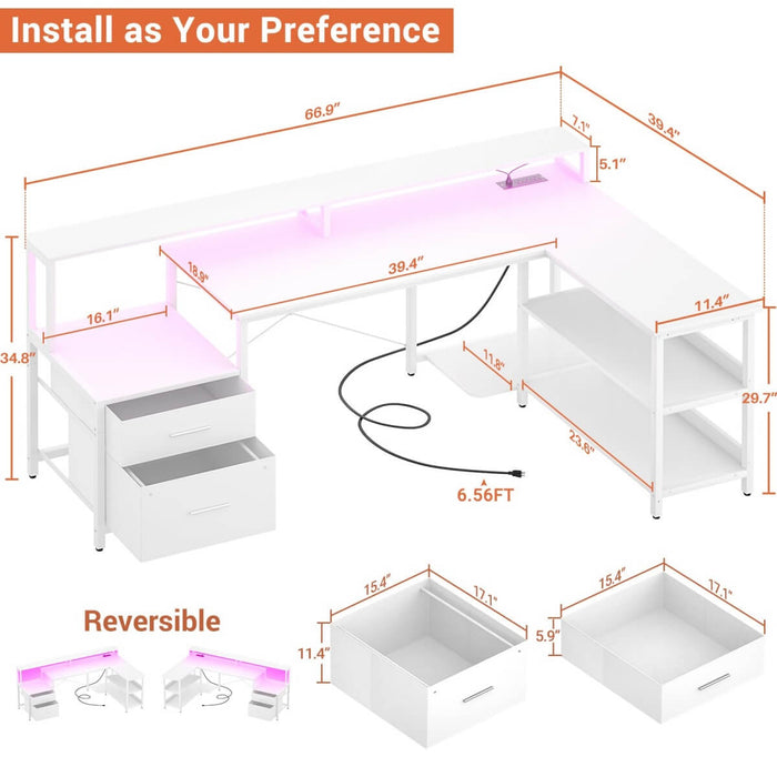 67'' L Shaped Desk with Drawer, Power Outlets & LED Strip, Reversible