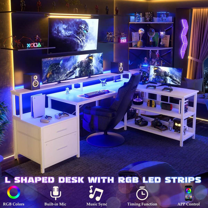 67'' L Shaped Desk with Drawer, Power Outlets & LED Strip, Reversible