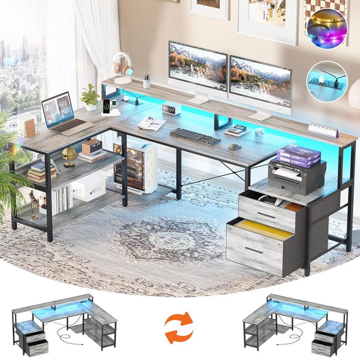 67'' L Shaped Desk with Drawer, Power Outlets & LED Strip, Reversible