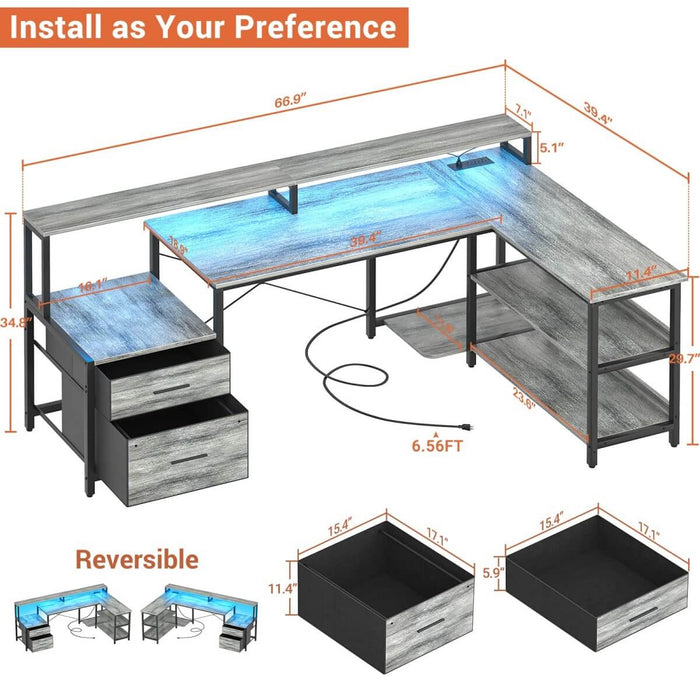 67'' L Shaped Desk with Drawer, Power Outlets & LED Strip, Reversible