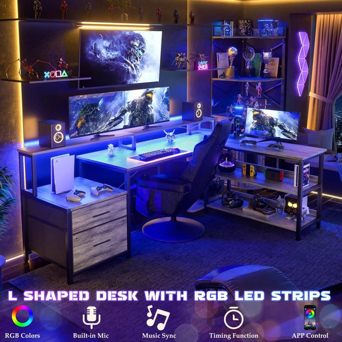 67'' L Shaped Desk with Drawer, Power Outlets & LED Strip, Reversible