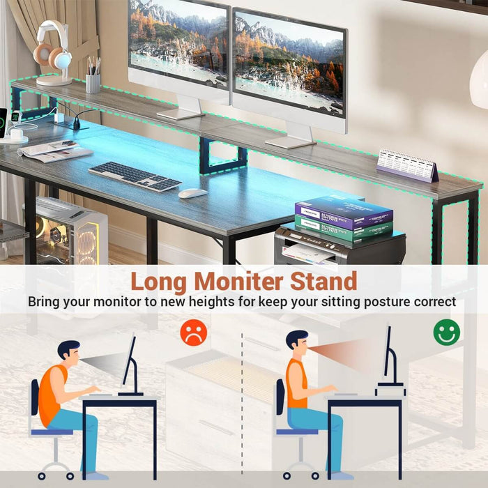 67'' L Shaped Desk with Drawer, Power Outlets & LED Strip, Reversible