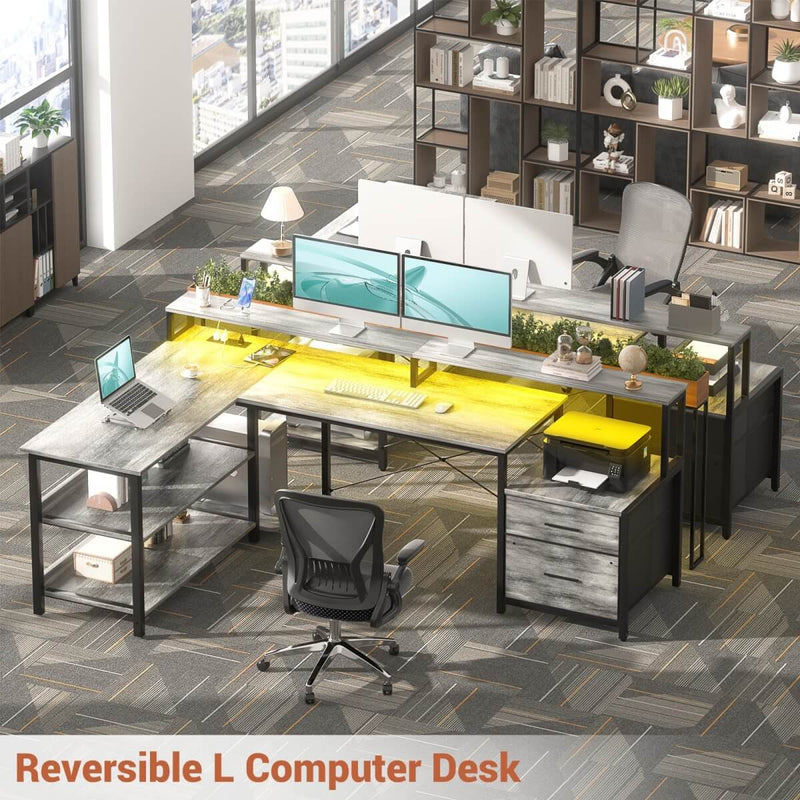 67'' L Shaped Desk with Drawer, Power Outlets & LED Strip, Reversible