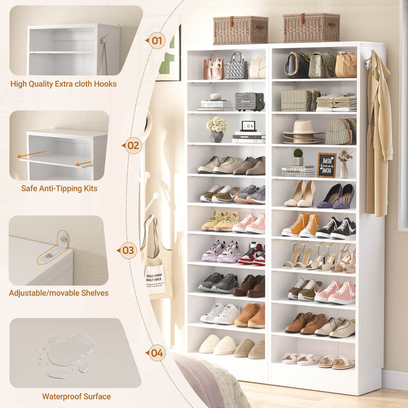 10-Tier Freestanding Wooden Shoe Rack Cabinet，2Pack
