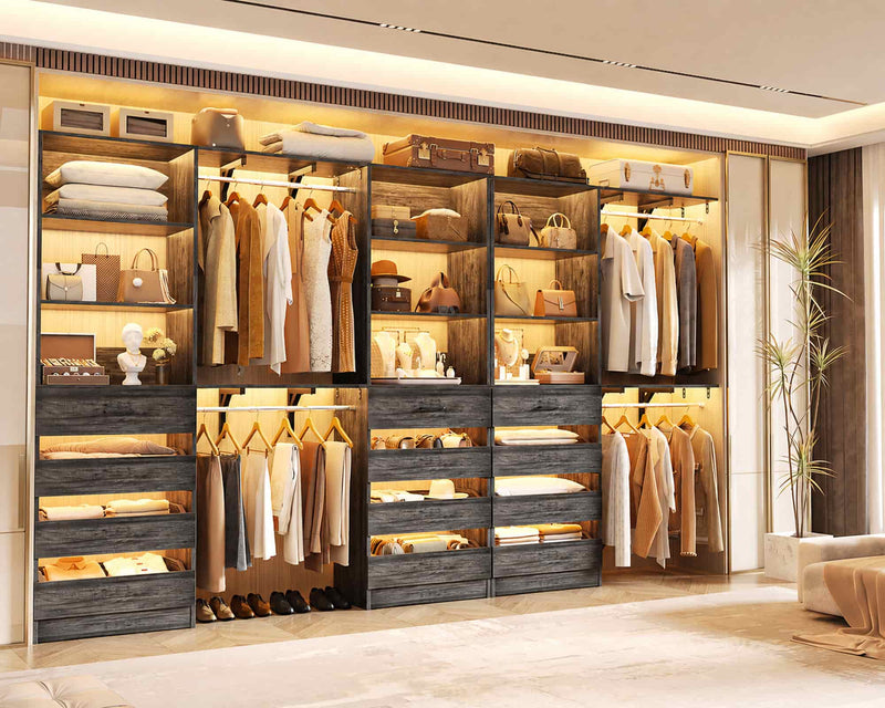 138.5" Long Wood Walk-in Closets Wardrobe Organizer with 12 Drawers and 4 Hanging Rods, Top Shelves, Set of 3