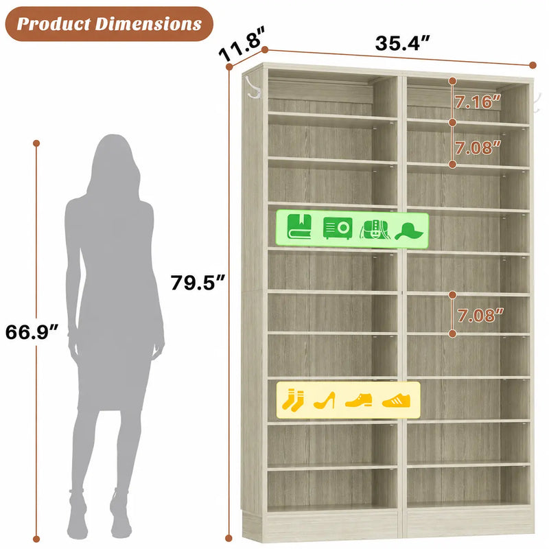 10-Tier Freestanding Wooden Shoe Rack Cabinet，2Pack